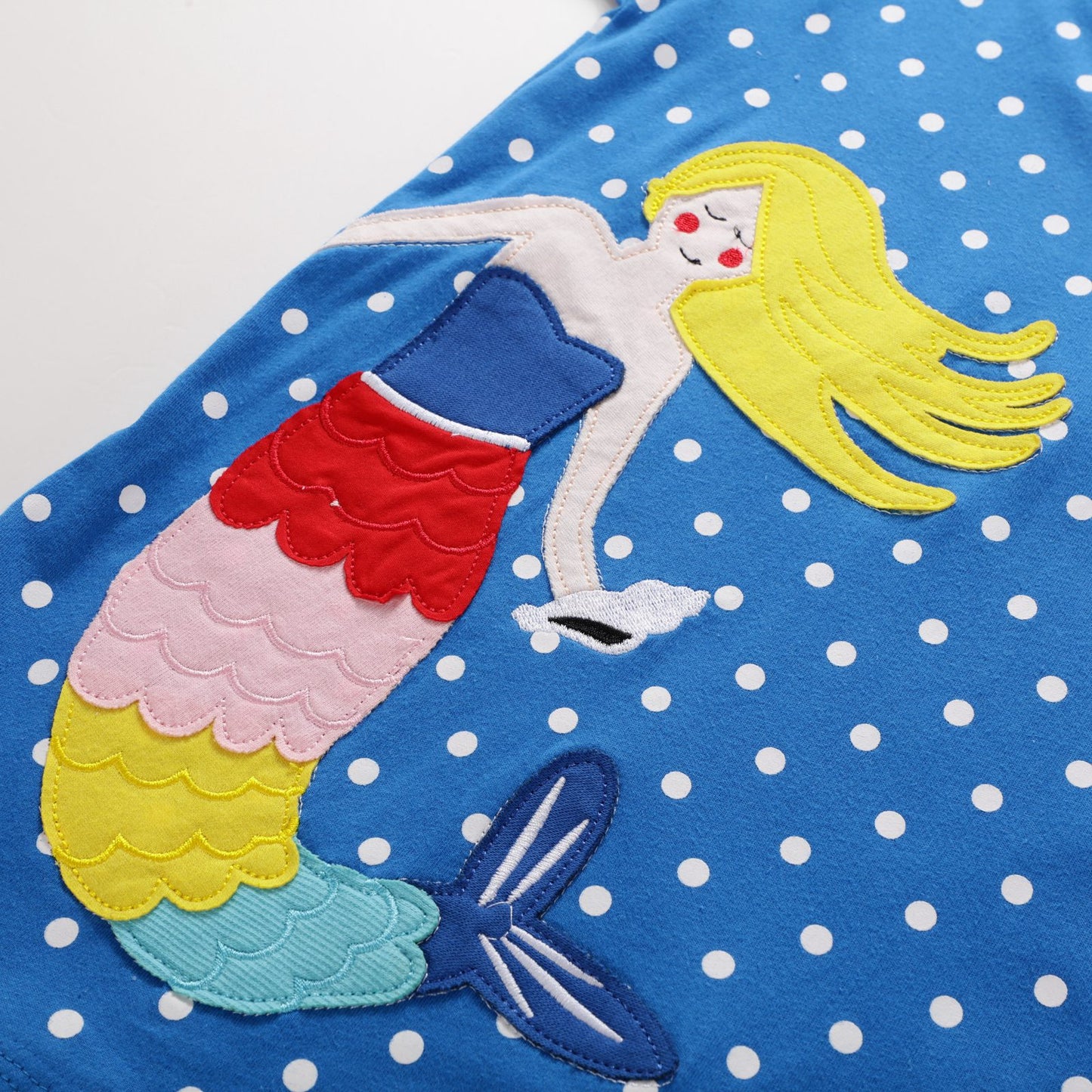 Girl's Polka Dot Short Sleeve Mermaid Embroidered Dress