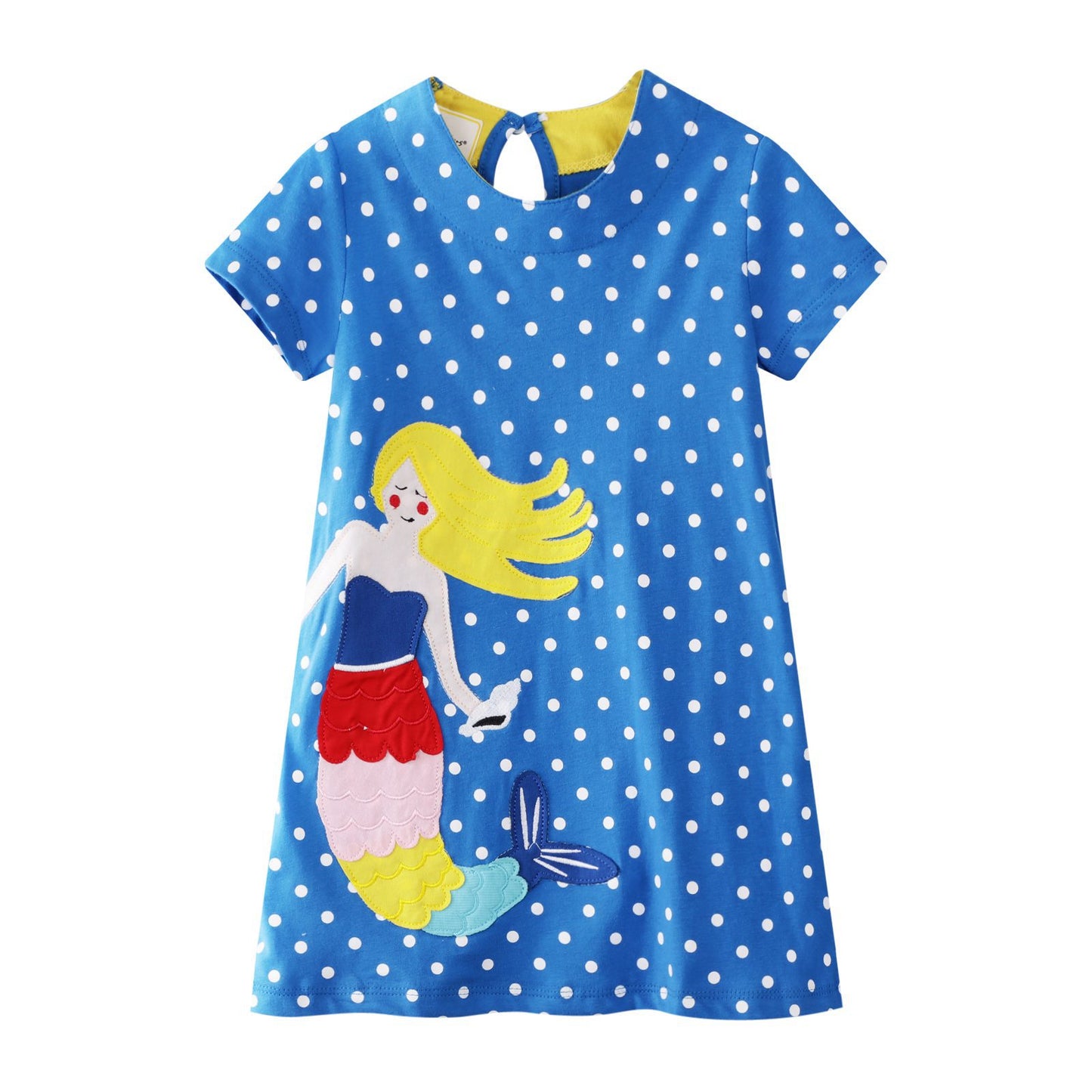 Girl's Polka Dot Short Sleeve Mermaid Embroidered Dress