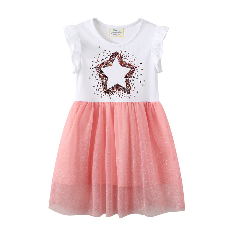 Girl's Star Sequin Short Sleeve Lacey Dress