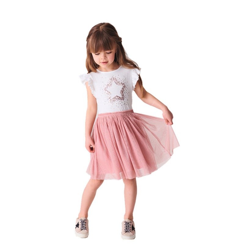 Girl's Star Sequin Short Sleeve Lacey Dress