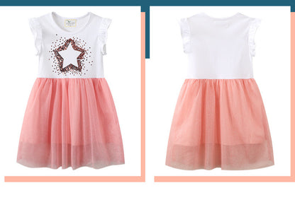 Girl's Star Sequin Short Sleeve Lacey Dress